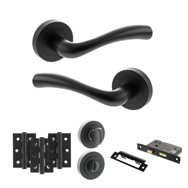 Quality image of STATUS Texas Door Handle Pack (Bathroom Set - 2.5" CE Bathroom Lock, 3" Fire Rated Hinges x3) - Matt Black | Sku. adps35rmb8 | available from Trade Door Handles.