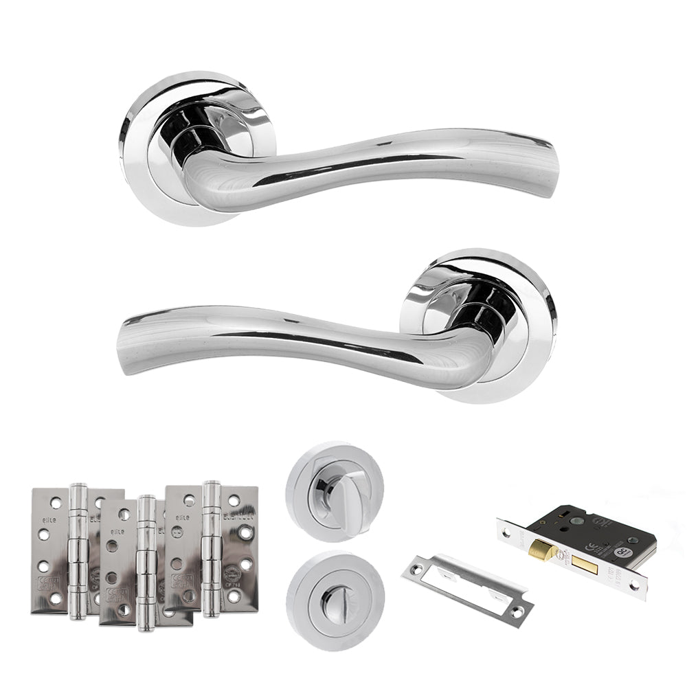Quality image of STATUS Texas Door Handle Pack (Bathroom Set - 3" CE Bathroom Lock, 4" Fire Rated Hinges x3) - Polished Chrome | Sku. adps35rpc11 | available from Trade Door Handles.