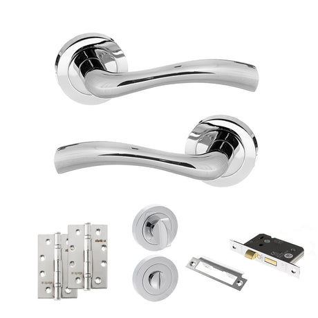 Quality image of STATUS Texas Door Handle Pack (Bathroom Set - 2.5" CE Bathroom Lock, 4" Slim Knuckle Hinges x2) - Polished Chrome | Sku. adps35rpc12 | available from Trade Door Handles.