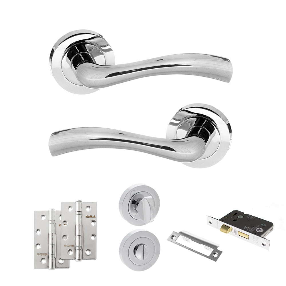 Quality image of STATUS Texas Door Handle Pack (Bathroom Set - 3" CE Bathroom Lock, 4" Slim Knuckle Hinges x2) - Polished Chrome | Sku. adps35rpc13 | available from Trade Door Handles.