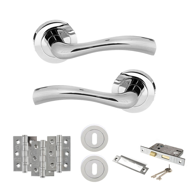 Quality image of STATUS Texas Door Handle Pack (3 Lever Lock Set - 2.5" CE Sashlock, 3" Fire Rated Hinges x3) - Polished Chrome | Sku. adps35rpc14 | available from Trade Door Handles.