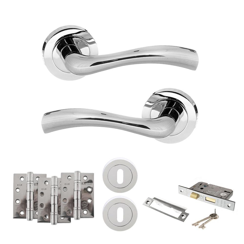 Quality image of STATUS Texas Door Handle Pack (3 Lever Lock Set - 2.5" CE Sashlock, 4" Fire Rated Hinges x3) - Polished Chrome | Sku. adps35rpc16 | available from Trade Door Handles.