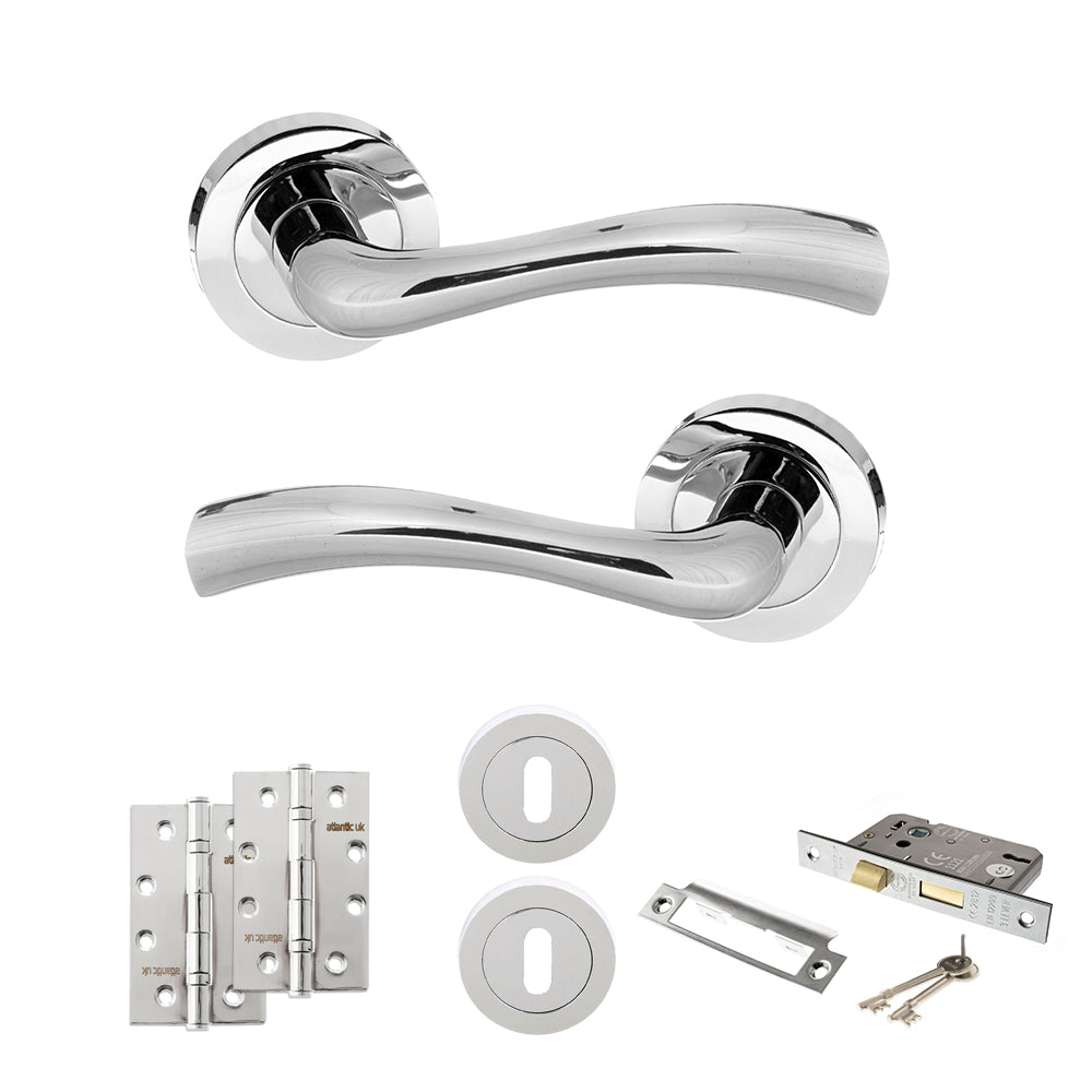 Quality image of STATUS Texas Door Handle Pack (3 Lever Lock Set - 3" CE Sashlock, 4" Slim Knuckle Hinges x2) - Polished Chrome | Sku. adps35rpc19 | available from Trade Door Handles.