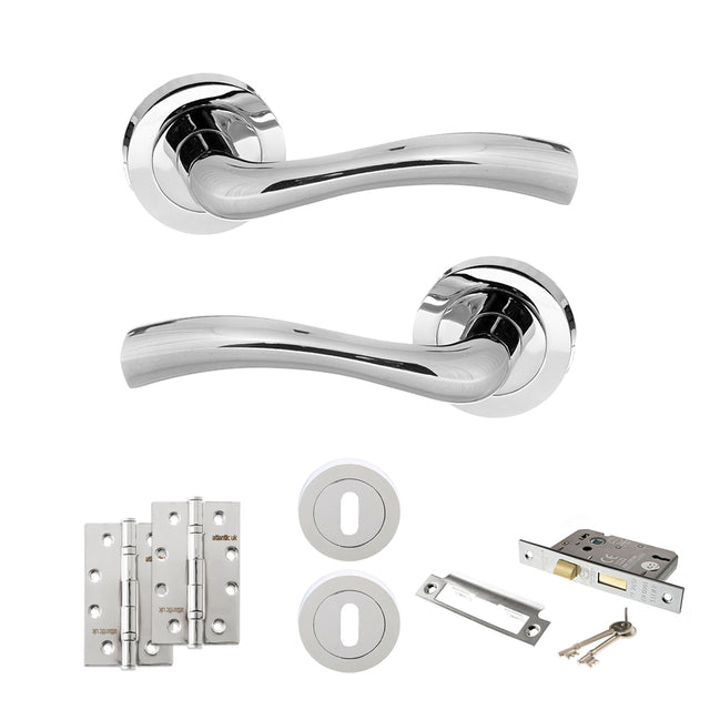 Quality image of STATUS Texas Door Handle Pack (3 Lever Lock Set - 3" CE Sashlock, 4" Slim Knuckle Hinges x2) - Polished Chrome | Sku. adps35rpc19 | available from Trade Door Handles.