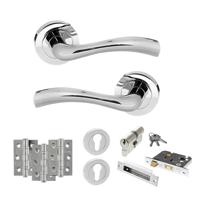 Quality image of STATUS Texas Door Handle Pack (Euro Lock Set - 2.5" CE Sashlock, 3" Fire Rated Hinges x3) - Polished Chrome | Sku. adps35rpc20 | available from Trade Door Handles.