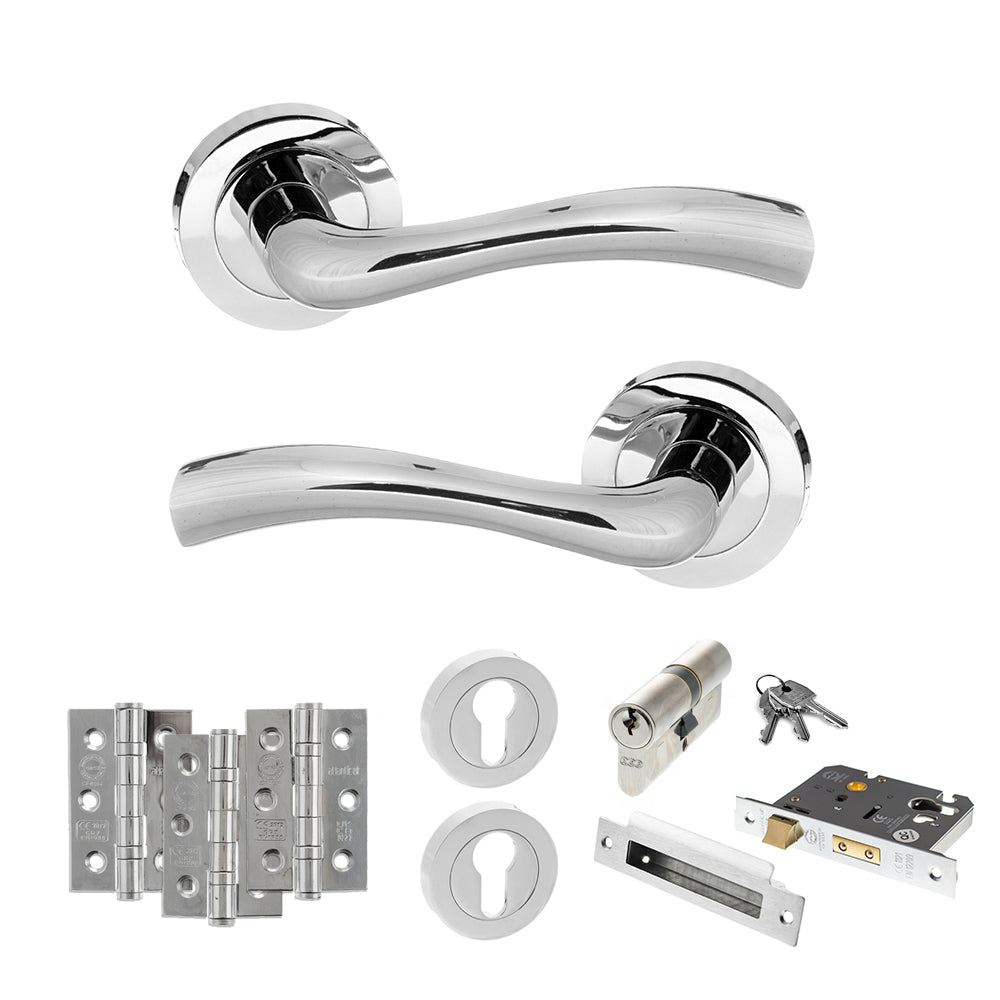 Quality image of STATUS Texas Door Handle Pack (Euro Lock Set - 3" CE Sashlock, 3" Fire Rated Hinges x3) - Polished Chrome | Sku. adps35rpc21 | available from Trade Door Handles.
