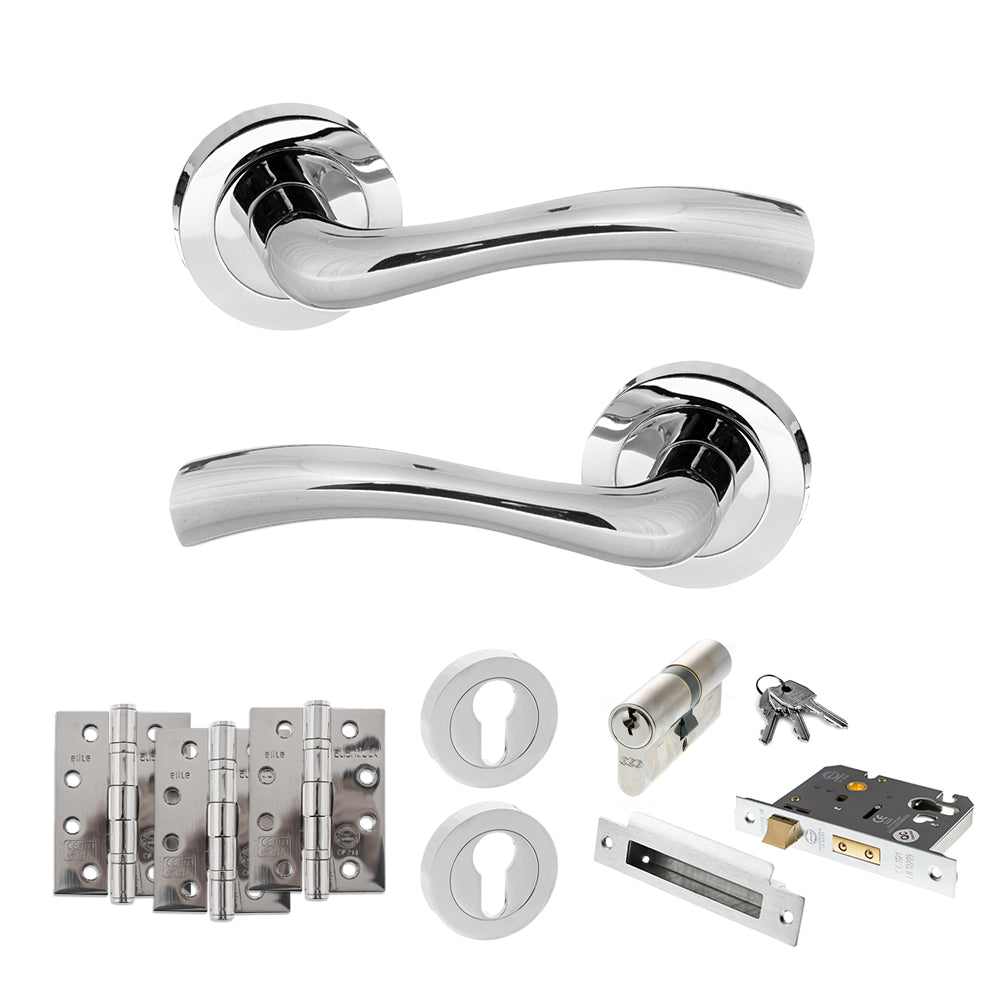 Quality image of STATUS Texas Door Handle Pack (Euro Lock Set - 2.5" CE Sashlock, 4" Fire Rated Hinges x3) - Polished Chrome | Sku. adps35rpc22 | available from Trade Door Handles.