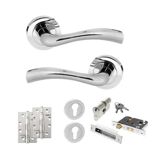 Quality image of STATUS Texas Door Handle Pack (Euro Lock Set - 3" CE Sashlock, 4" Slim Knuckle Hinges x2) - Polished Chrome | Sku. adps35rpc25 | available from Trade Door Handles.