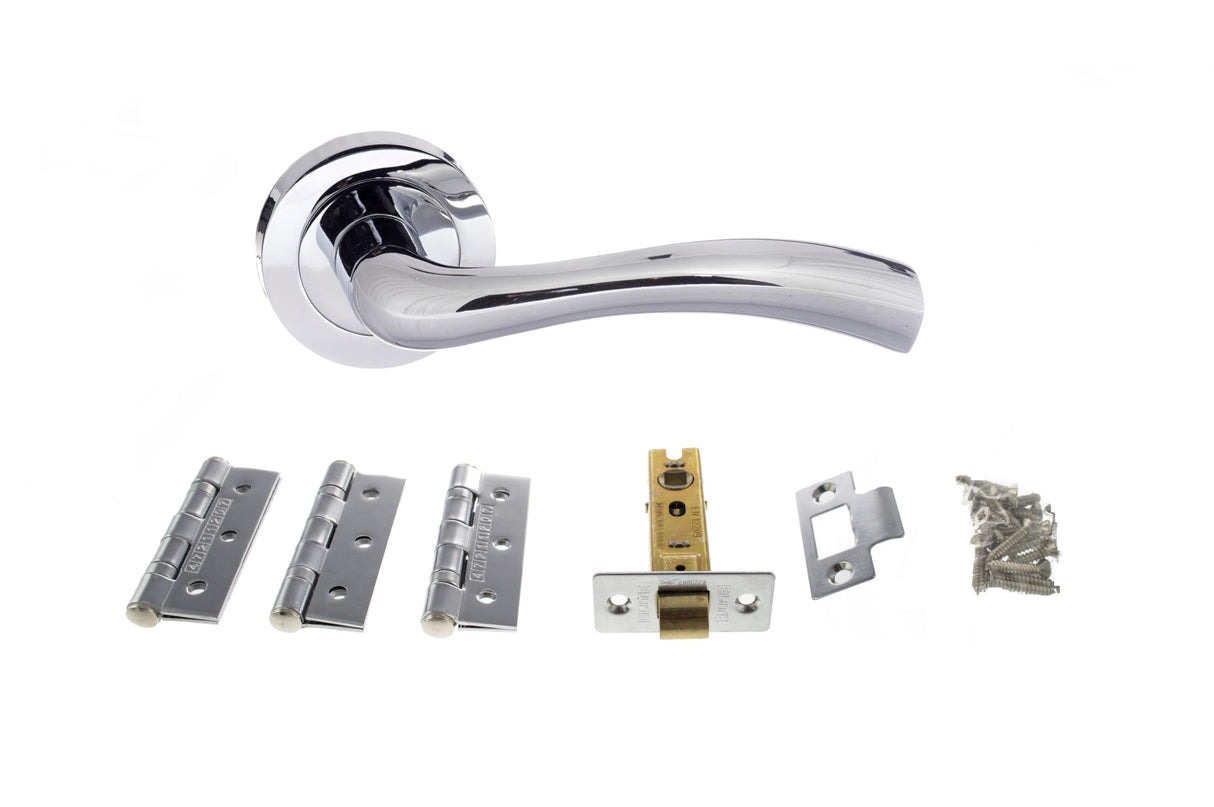 Quality image of STATUS Texas Door Handle Pack (Latch Set - 3" CE Latch, 3" Fire Rated Hinges x3) - Polished Chrome | Sku. adps35rpc2 | available from Trade Door Handles.