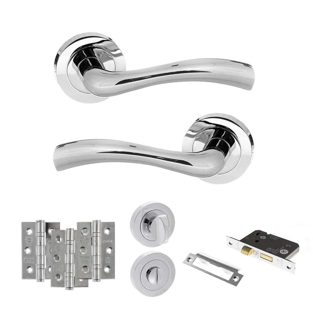 Quality image of STATUS Texas Door Handle Pack (Bathroom Set - 2.5" CE Bathroom Lock, 3" Fire Rated Hinges x3) - Polished Chrome | Sku. adps35rpc8 | available from Trade Door Handles.