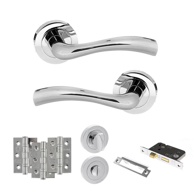 Quality image of STATUS Texas Door Handle Pack (Bathroom Set - 2.5" CE Bathroom Lock, 3" Fire Rated Hinges x3) - Polished Chrome | Sku. adps35rpc8 | available from Trade Door Handles.