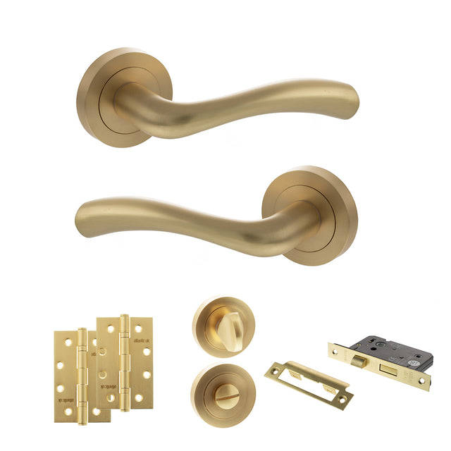 Quality image of STATUS Texas Door Handle Pack (Bathroom Set - 3" CE Bathroom Lock, 4" Slim Knuckle Hinges x2) - Satin Brass | Sku. adps35rsb13 | available from Trade Door Handles.