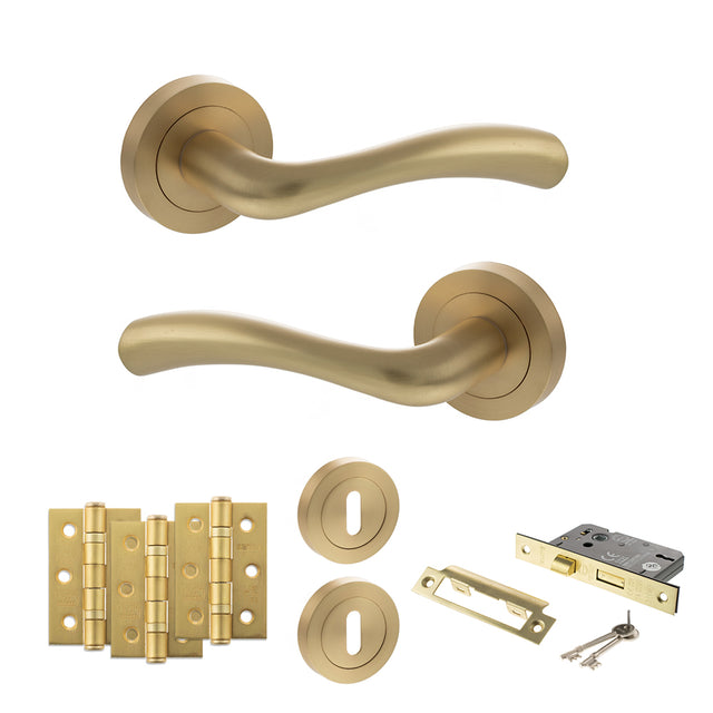 Quality image of STATUS Texas Door Handle Pack (3 Lever Lock Set - 2.5" CE Sashlock, 3" Fire Rated Hinges x3) - Satin Brass | Sku. adps35rsb14 | available from Trade Door Handles.