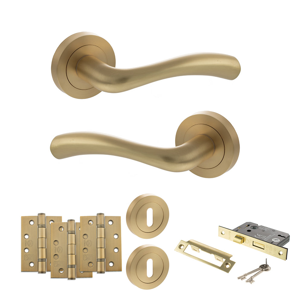 Quality image of STATUS Texas Door Handle Pack (3 Lever Lock Set - 2.5" CE Sashlock, 4" Fire Rated Hinges x3) - Satin Brass | Sku. adps35rsb16 | available from Trade Door Handles.