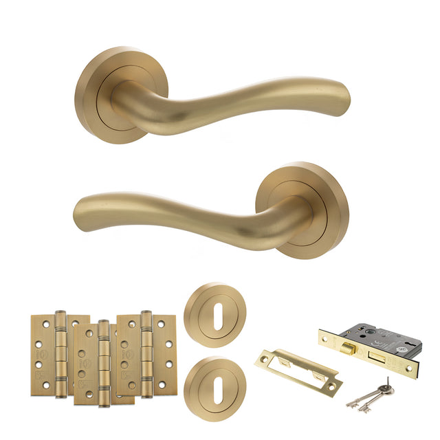 Quality image of STATUS Texas Door Handle Pack (3 Lever Lock Set - 2.5" CE Sashlock, 4" Fire Rated Hinges x3) - Satin Brass | Sku. adps35rsb16 | available from Trade Door Handles.