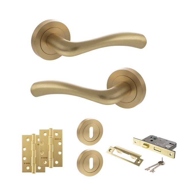 Quality image of STATUS Texas Door Handle Pack (3 Lever Lock Set - 2.5" CE Sashlock, 4" Slim Knuckle Hinges x2) - Satin Brass | Sku. adps35rsb18 | available from Trade Door Handles.