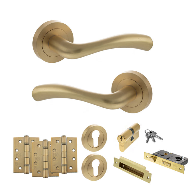 Quality image of STATUS Texas Door Handle Pack (Euro Lock Set - 2.5" CE Sashlock, 4" Fire Rated Hinges x3) - Satin Brass | Sku. adps35rsb22 | available from Trade Door Handles.