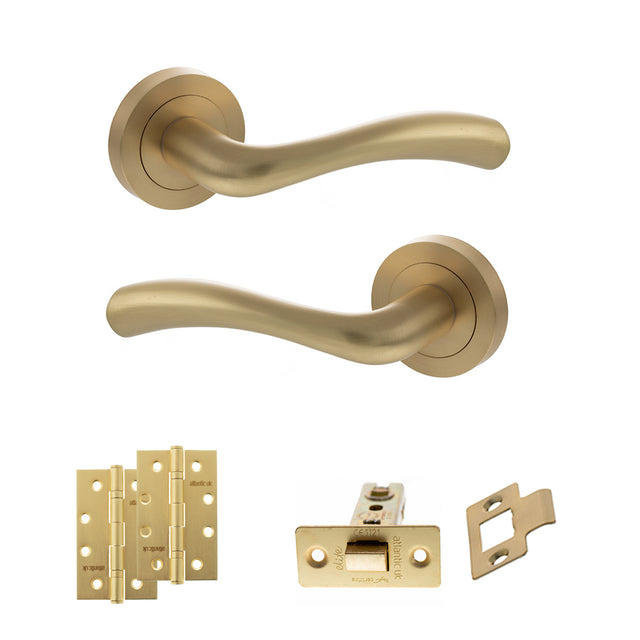 Quality image of STATUS Texas Door Handle Pack (Latch Set - 3" CE Latch, 4" Slim Knuckle Hinges x2) - Satin Brass | Sku. adps35rsb6 | available from Trade Door Handles.