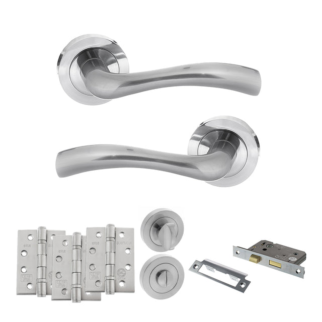 Quality image of STATUS Texas Door Handle Pack (Bathroom Set - 2.5" CE Bathroom Lock, 4" Fire Rated Hinges x3) - Satin Chrome | Sku. adps35rsc10 | available from Trade Door Handles.