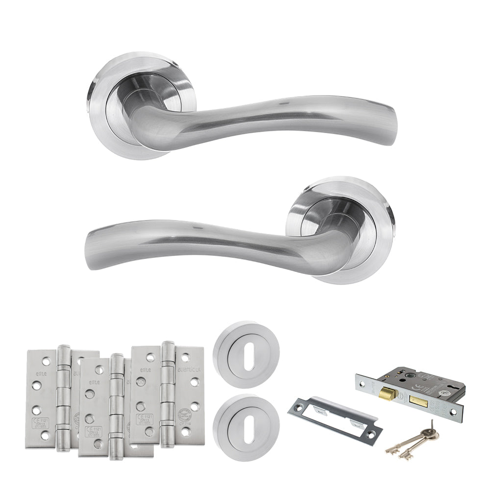 Quality image of STATUS Texas Door Handle Pack (3 Lever Lock Set - 3" CE Sashlock, 4" Fire Rated Hinges x3) - Satin Chrome | Sku. adps35rsc17 | available from Trade Door Handles.