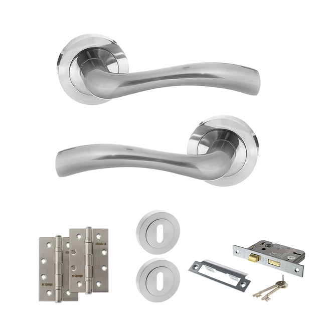 Quality image of STATUS Texas Door Handle Pack (3 Lever Lock Set - 3" CE Sashlock, 4" Slim Knuckle Hinges x2) - Satin Chrome | Sku. adps35rsc19 | available from Trade Door Handles.