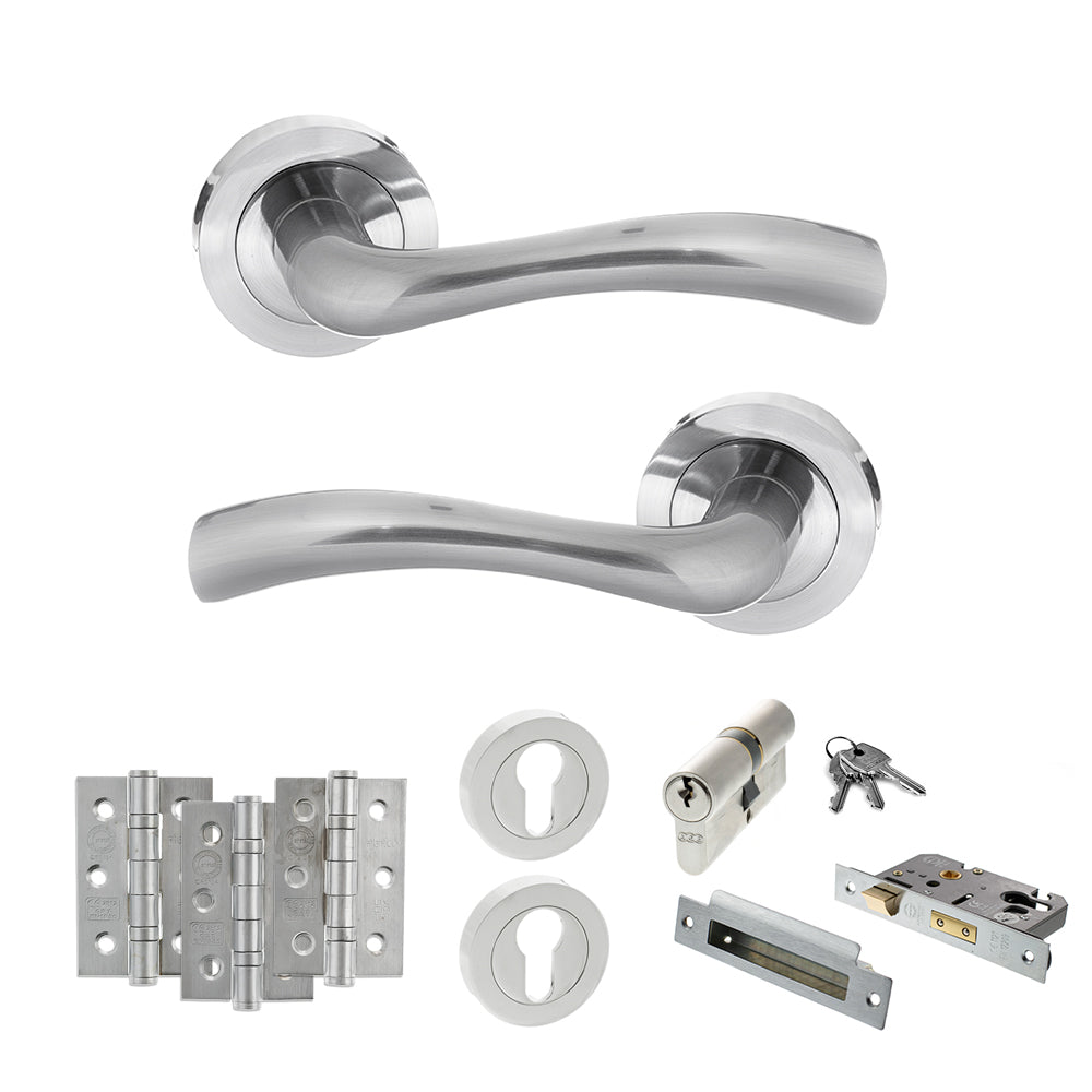 Quality image of STATUS Texas Door Handle Pack (Euro Lock Set - 2.5" CE Sashlock, 3" Fire Rated Hinges x3) - Satin Chrome | Sku. adps35rsc20 | available from Trade Door Handles.