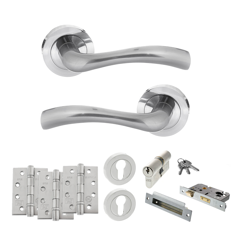 Quality image of STATUS Texas Door Handle Pack (Euro Lock Set - 2.5" CE Sashlock, 4" Fire Rated Hinges x3) - Satin Chrome | Sku. adps35rsc22 | available from Trade Door Handles.