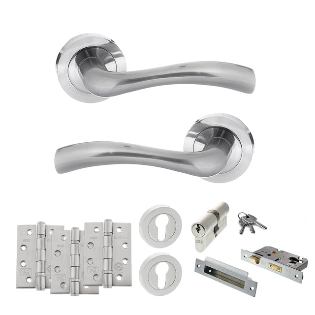 Quality image of STATUS Texas Door Handle Pack (Euro Lock Set - 3" CE Sashlock, 4" Fire Rated Hinges x3) - Satin Chrome | Sku. adps35rsc23 | available from Trade Door Handles.