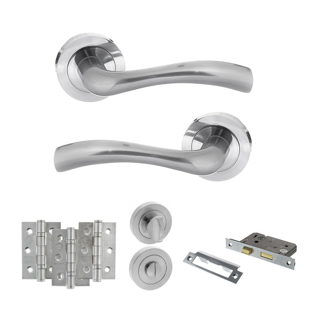 Quality image of STATUS Texas Door Handle Pack (Bathroom Set - 3" CE Bathroom Lock, 3" Fire Rated Hinges x3) - Satin Chrome | Sku. adps35rsc9 | available from Trade Door Handles.