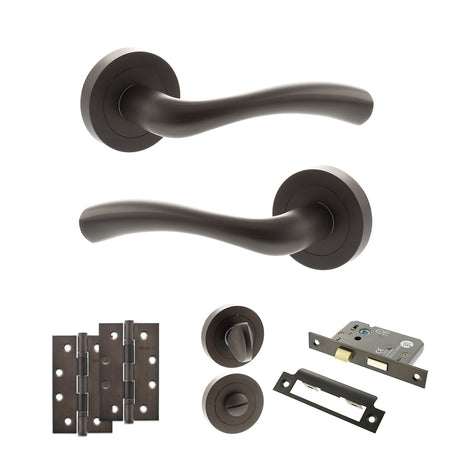 Quality image of STATUS Texas Door Handle Pack (Bathroom Set - 2.5" CE Bathroom Lock, 4" Slim Knuckle Hinges x2) - Urban Dark Bronze | Sku. adps35rudb12 | available from Trade Door Handles.