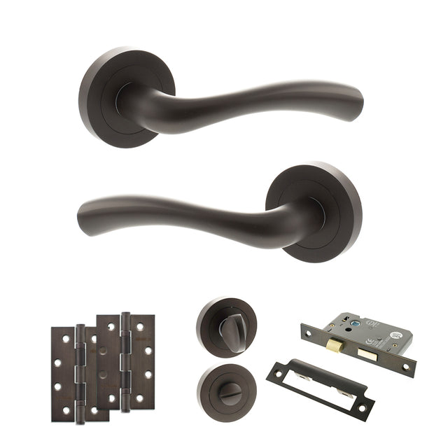 Quality image of STATUS Texas Door Handle Pack (Bathroom Set - 2.5" CE Bathroom Lock, 4" Slim Knuckle Hinges x2) - Urban Dark Bronze | Sku. adps35rudb12 | available from Trade Door Handles.