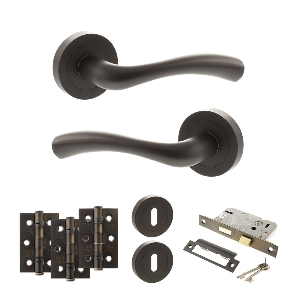 Quality image of STATUS Texas Door Handle Pack (3 Lever Lock Set - 3" CE Sashlock, 3" Fire Rated Hinges x3) - Urban Dark Bronze | Sku. adps35rudb15 | available from Trade Door Handles.