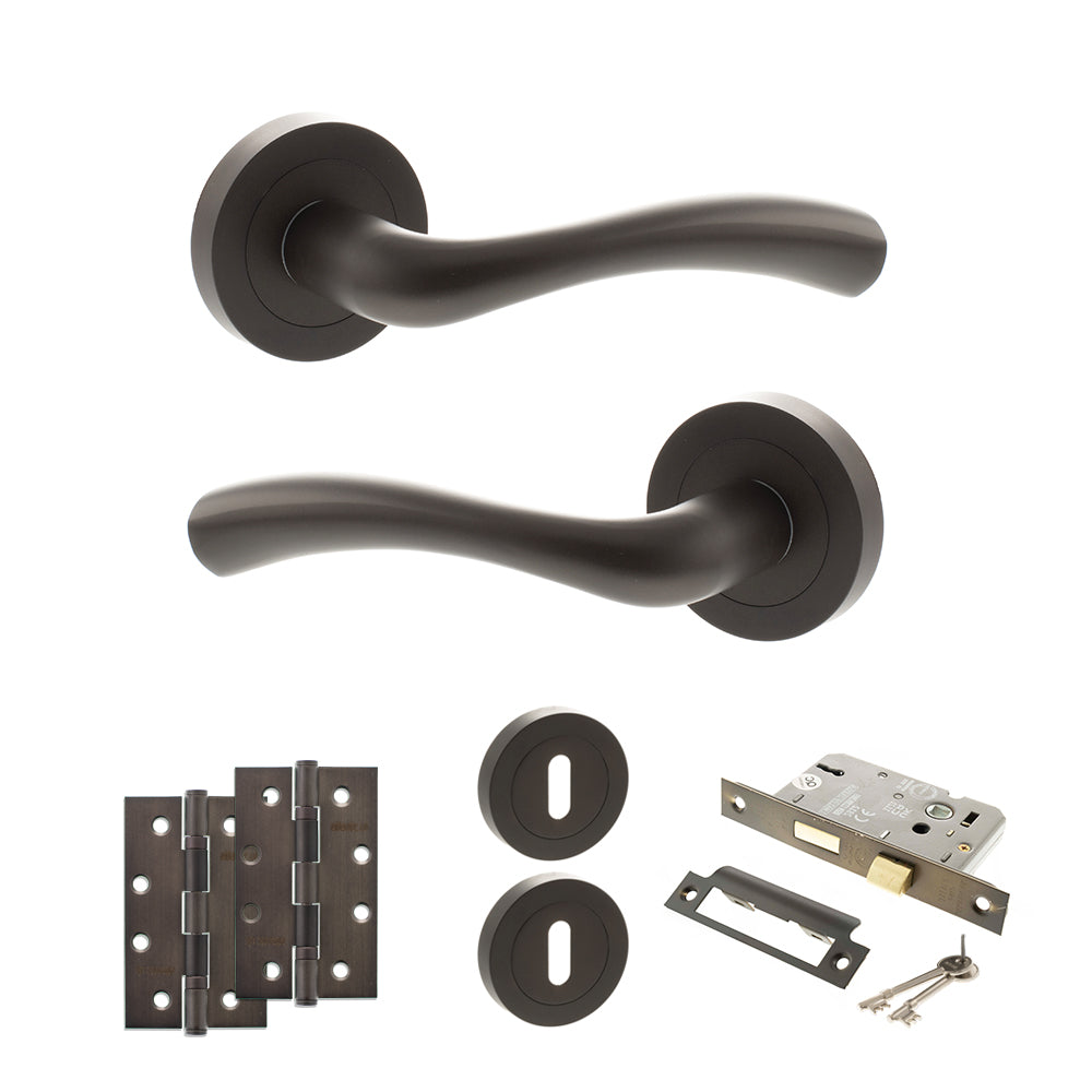 Quality image of STATUS Texas Door Handle Pack (3 Lever Lock Set - 3" CE Sashlock, 4" Slim Knuckle Hinges x2) - Urban Dark Bronze | Sku. adps35rudb19 | available from Trade Door Handles.