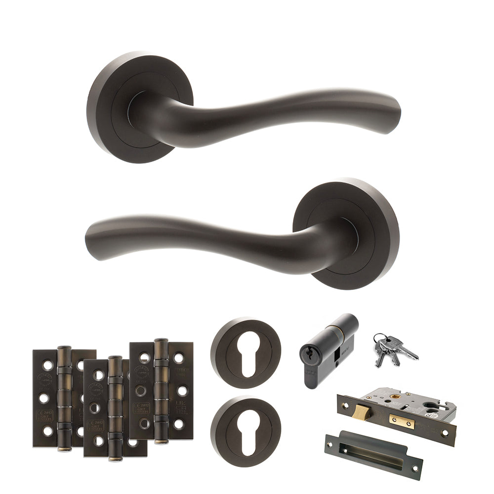 Quality image of STATUS Texas Door Handle Pack (Euro Lock Set - 3" CE Sashlock, 3" Fire Rated Hinges x3) - Urban Dark Bronze | Sku. adps35rudb21 | available from Trade Door Handles.