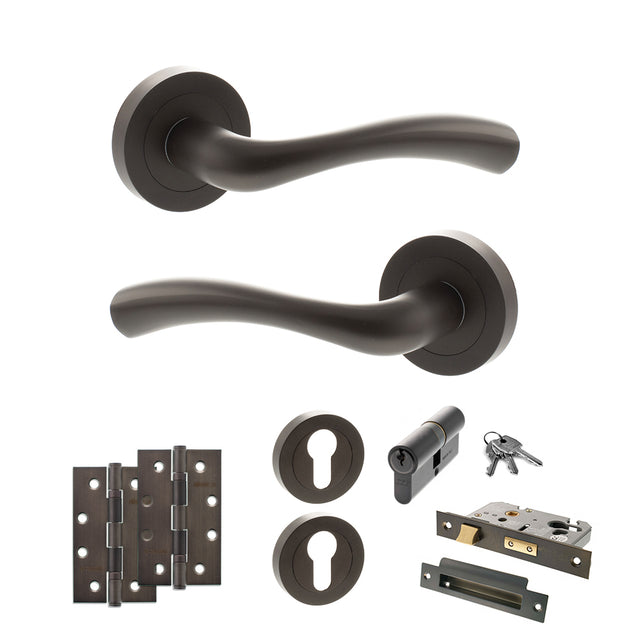 Quality image of STATUS Texas Door Handle Pack (Euro Lock Set - 2.5" CE Sashlock, 4" Slim Knuckle Hinges x2) - Urban Dark Bronze | Sku. adps35rudb24 | available from Trade Door Handles.