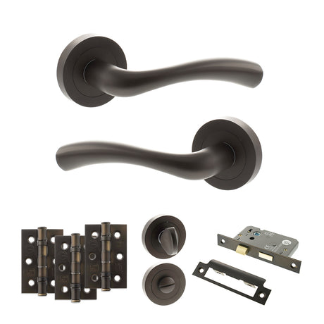 Quality image of STATUS Texas Door Handle Pack (Bathroom Set - 2.5" CE Bathroom Lock, 3" Fire Rated Hinges x3) - Urban Dark Bronze | Sku. adps35rudb8 | available from Trade Door Handles.