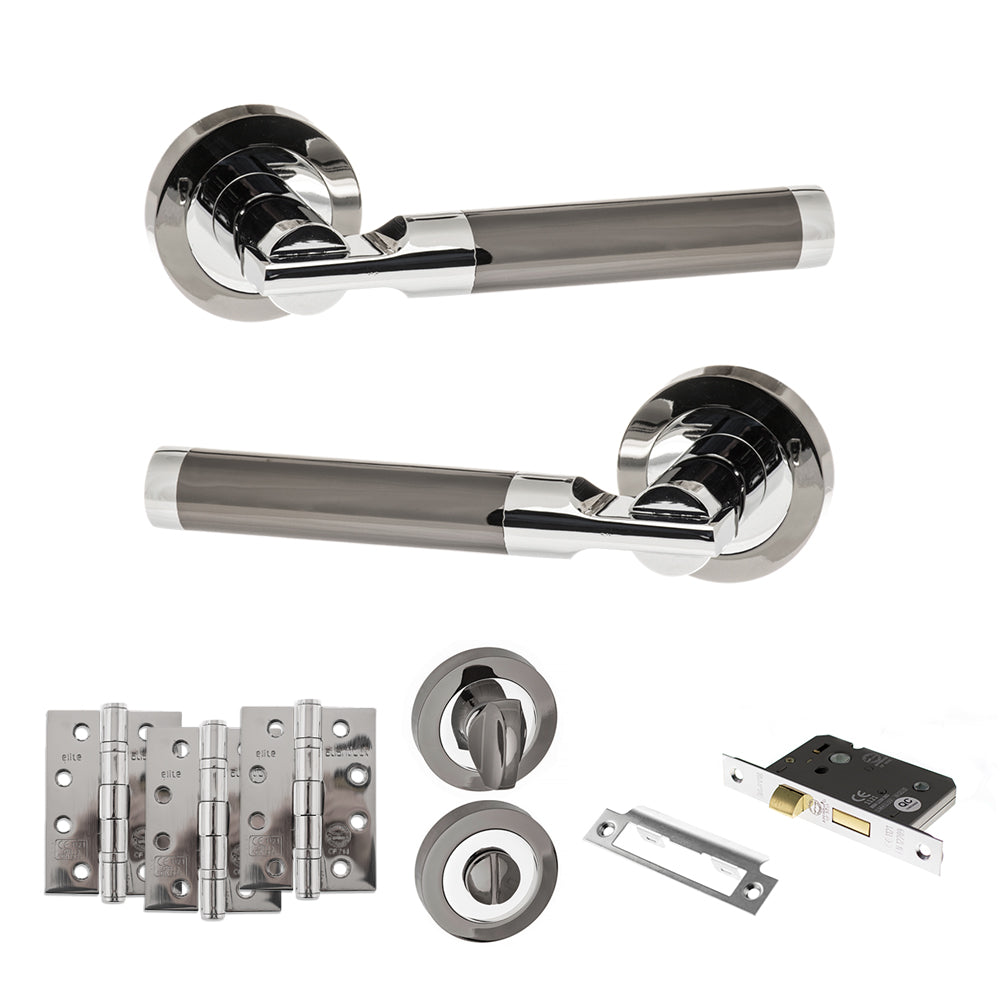 Quality image of STATUS Dakota Door Handle Pack (Bathroom Set - 3" CE Bathroom Lock, 4" Fire Rated Hinges x3) - Black Nickel/Polished Chrome | Sku. adps36rbnpc11 | available from Trade Door Handles.