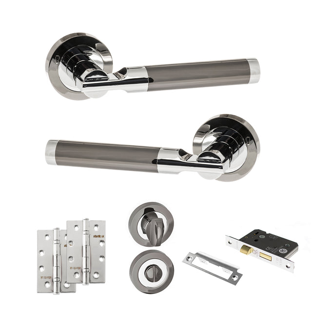 Quality image of STATUS Dakota Door Handle Pack (Bathroom Set - 2.5" CE Bathroom Lock, 4" Slim Knuckle Hinges x2) - Black Nickel/Polished Chrome | Sku. adps36rbnpc12 | available from Trade Door Handles.