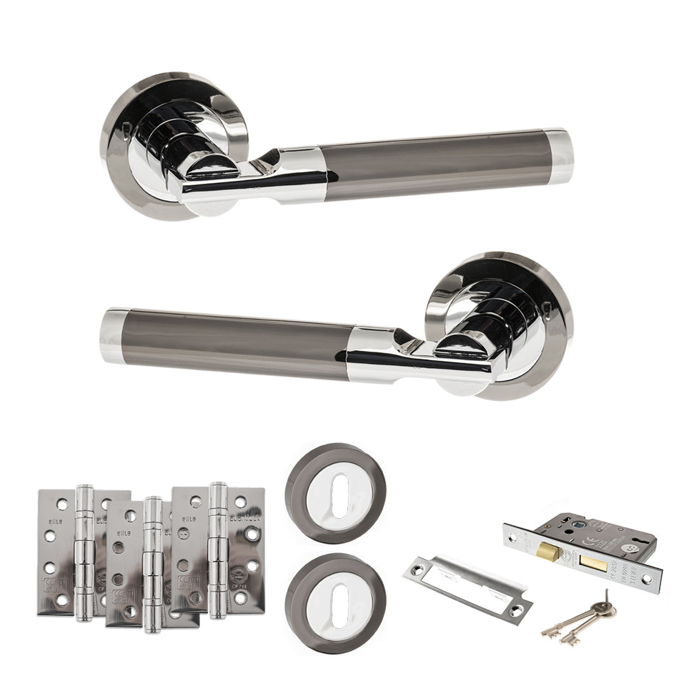 Quality image of STATUS Dakota Door Handle Pack (3 Lever Lock Set - 2.5" CE Sashlock, 4" Fire Rated Hinges x3) - Black Nickel/Polished Chrome | Sku. adps36rbnpc16 | available from Trade Door Handles.