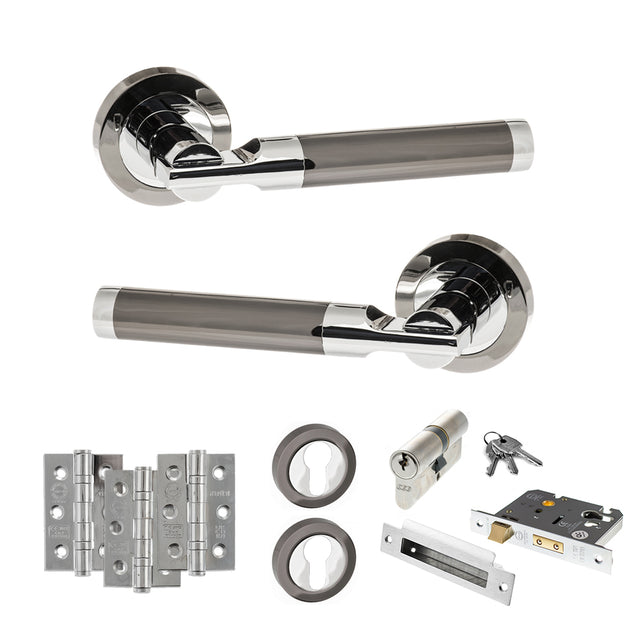 Quality image of STATUS Dakota Door Handle Pack (Euro Lock Set - 2.5" CE Sashlock, 3" Fire Rated Hinges x3) - Black Nickel/Polished Chrome | Sku. adps36rbnpc20 | available from Trade Door Handles.