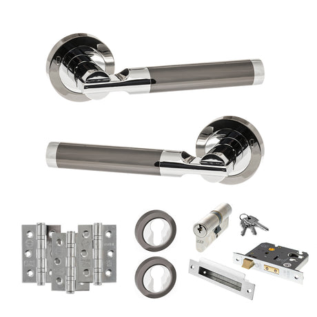 Quality image of STATUS Dakota Door Handle Pack (Euro Lock Set - 3" CE Sashlock, 3" Fire Rated Hinges x3) - Black Nickel/Polished Chrome | Sku. adps36rbnpc21 | available from Trade Door Handles.