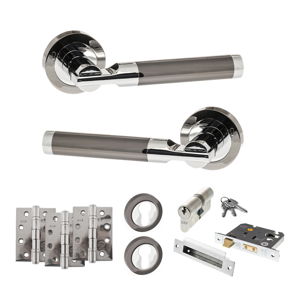 Quality image of STATUS Dakota Door Handle Pack (Euro Lock Set - 3" CE Sashlock, 4" Fire Rated Hinges x3) - Black Nickel/Polished Chrome | Sku. adps36rbnpc23 | available from Trade Door Handles.