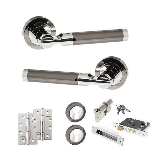 Quality image of STATUS Dakota Door Handle Pack (Euro Lock Set - 2.5" CE Sashlock, 4" Slim Knuckle Hinges x2) - Black Nickel/Polished Chrome | Sku. adps36rbnpc24 | available from Trade Door Handles.