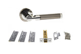 Quality image of STATUS Dakota Door Handle Pack (Latch Set - 2.5" CE Latch, 3" Fire Rated Hinges x3) - Black Nickel/Polished Chrome | Sku. adps36rbnpc1 | available from Trade Door Handles.