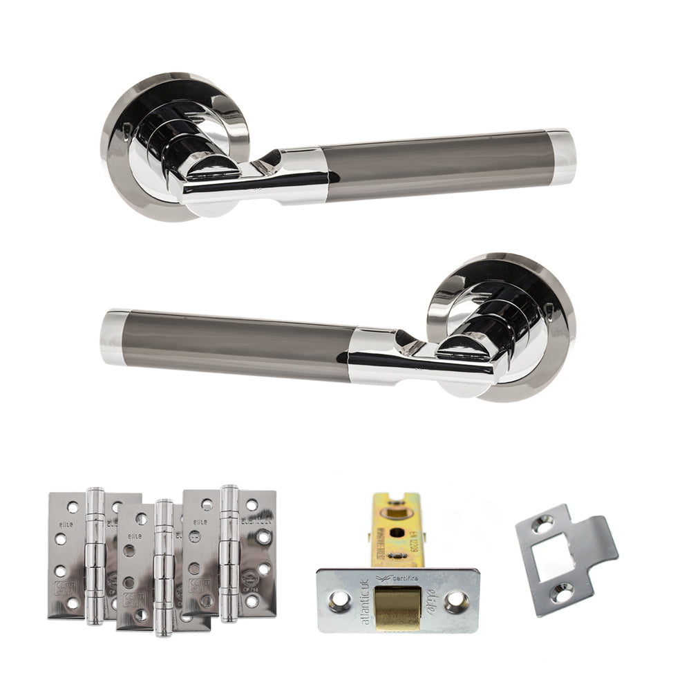 Quality image of STATUS Dakota Door Handle Pack (Latch Set - 2.5" CE Latch, 4" Fire Rated Hinges x3) - Black Nickel/Polished Chrome | Sku. adps36rbnpc3 | available from Trade Door Handles.