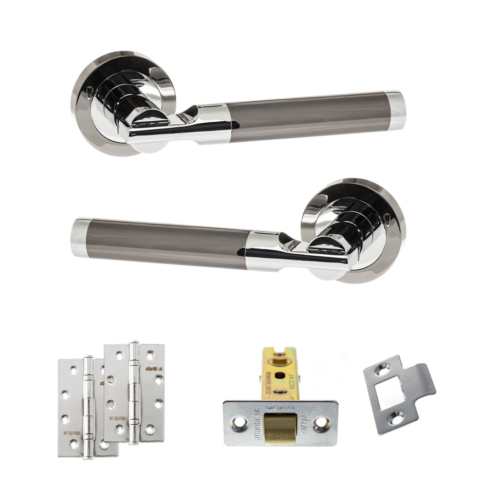 Quality image of STATUS Dakota Door Handle Pack (Latch Set - 2.5" CE Latch, 4" Slim Knuckle Hinges x2) - Black Nickel/Polished Chrome | Sku. adps36rbnpc5 | available from Trade Door Handles.