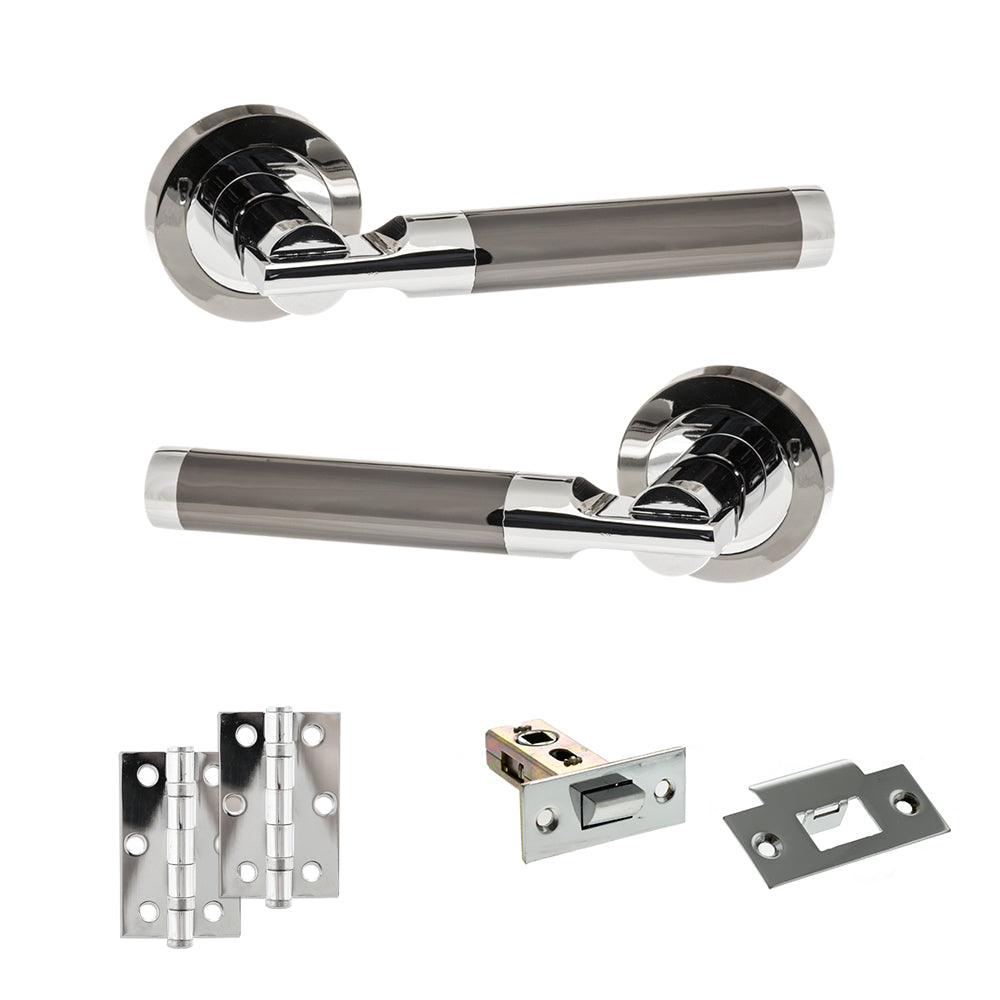 Quality image of STATUS Dakota Door Handle Pack (Latch Set - 2.5" Latch, 3" Hinges x2) - Black Nickel/Polished Chrome | Sku. adps36rbnpc7 | available from Trade Door Handles.