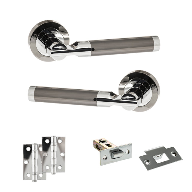 Quality image of STATUS Dakota Door Handle Pack (Latch Set - 2.5" Latch, 3" Hinges x2) - Black Nickel/Polished Chrome | Sku. adps36rbnpc7 | available from Trade Door Handles.
