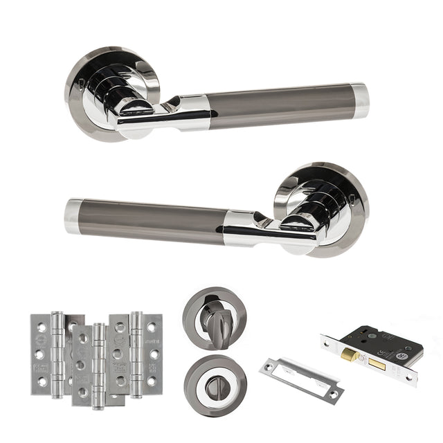 Quality image of STATUS Dakota Door Handle Pack (Bathroom Set - 3" CE Bathroom Lock, 3" Fire Rated Hinges x3) - Black Nickel/Polished Chrome | Sku. adps36rbnpc9 | available from Trade Door Handles.