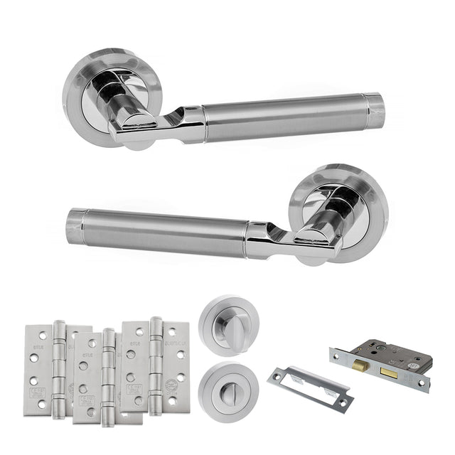Quality image of STATUS Dakota Door Handle Pack (Bathroom Set - 2.5" CE Bathroom Lock, 4" Fire Rated Hinges x3) - Satin Chrome/Polished Chrome | Sku. adps36rscpc10 | available from Trade Door Handles.